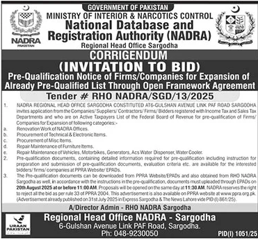 National Database & Registration Authority Sargodha Tender Notice